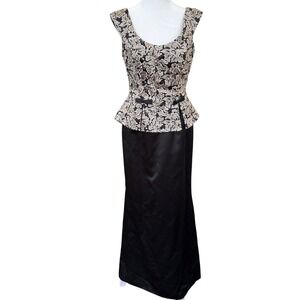 Vintage Eve of Milady Gown Black Gold Brocade Peplum Formal Dress USA 10 VTG